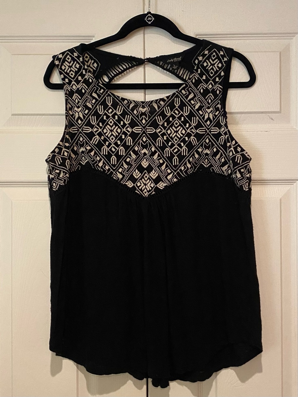 Lucky Brand Black Tank with Cream Geometric Embroidered Yoke